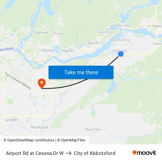 Airport Rd at Cessna Dr W to City of Abbotsford map