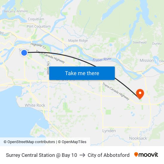 Surrey Central Station @ Bay 10 to City of Abbotsford map