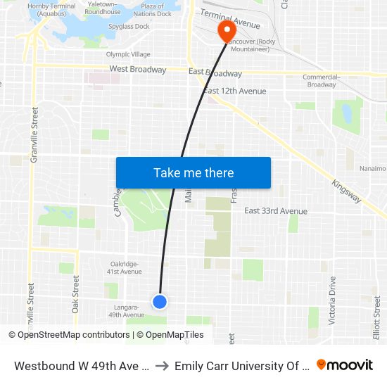 Westbound W 49th Ave @ Manitoba St to Emily Carr University Of Art And Design map