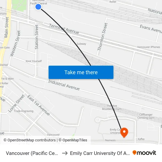 Vancouver (Pacific Central Station) to Emily Carr University Of Art And Design map