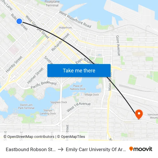 Eastbound Robson St @ Bute St to Emily Carr University Of Art And Design map