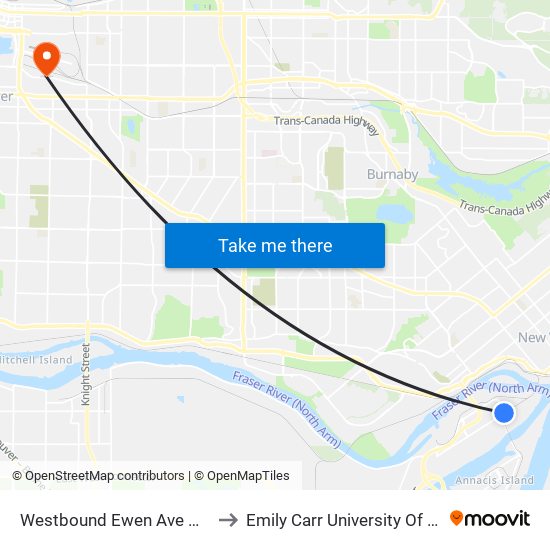 Westbound Ewen Ave @ Derwent Way to Emily Carr University Of Art And Design map