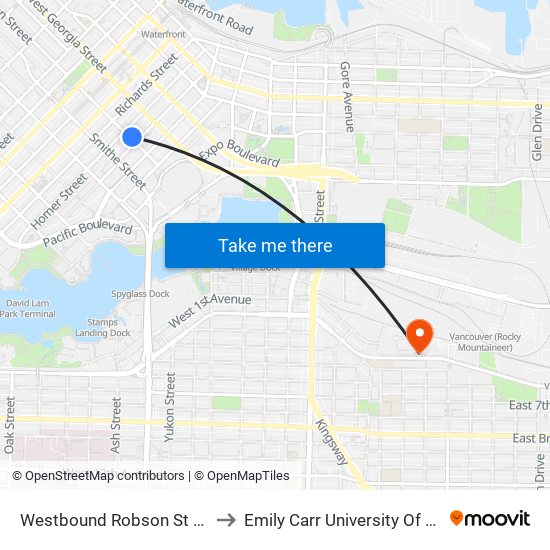 Westbound Robson St @ Hamilton St to Emily Carr University Of Art And Design map