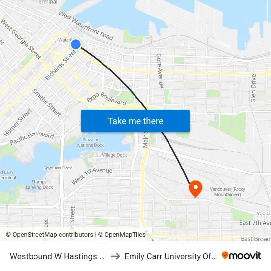 Westbound W Hastings St @ Richards St to Emily Carr University Of Art And Design map