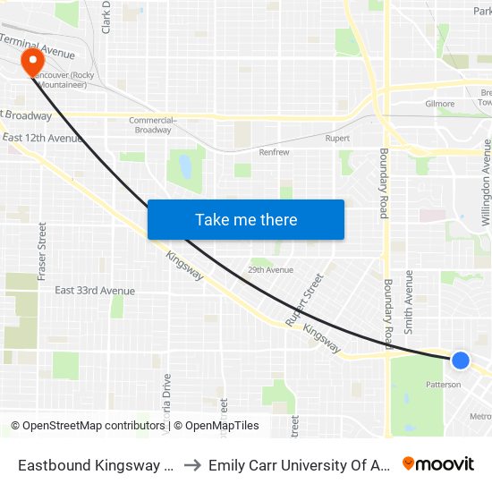Eastbound Kingsway @ Olive Ave to Emily Carr University Of Art And Design map
