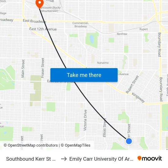 Southbound Kerr St @ E 56 Ave to Emily Carr University Of Art And Design map