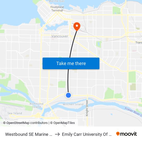 Westbound SE Marine Dr @ Main St to Emily Carr University Of Art And Design map