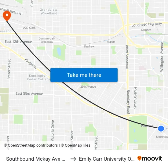 Southbound Mckay Ave @ Kingsborough St to Emily Carr University Of Art And Design map