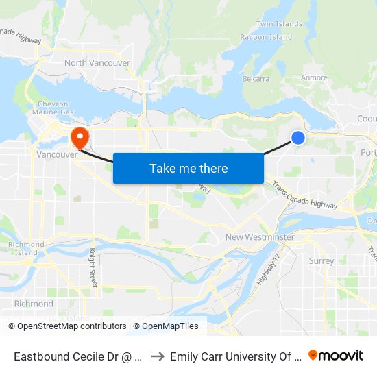 Eastbound Cecile Dr @ Highview Place to Emily Carr University Of Art And Design map