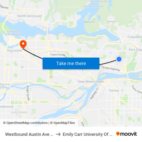 Westbound Austin Ave @ Hillcrest St to Emily Carr University Of Art And Design map
