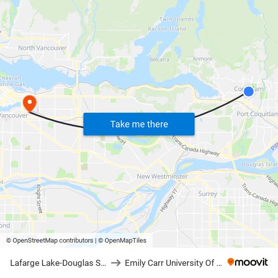 Lafarge Lake-Douglas Station @ Bay 3 to Emily Carr University Of Art And Design map