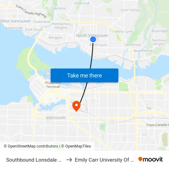 Southbound Lonsdale Ave @ W 13 St to Emily Carr University Of Art And Design map