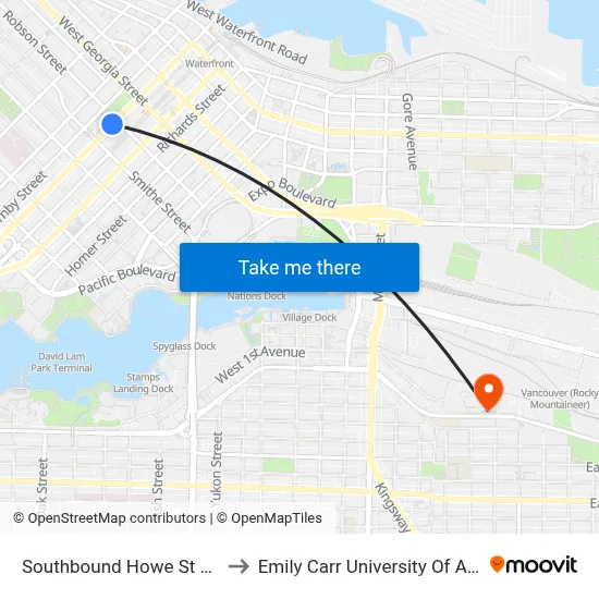 Southbound Howe St @ Robson St to Emily Carr University Of Art And Design map