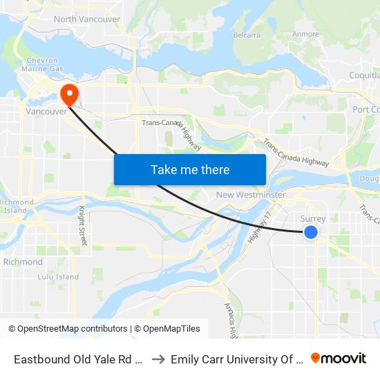 Eastbound Old Yale Rd @ University Dr to Emily Carr University Of Art And Design map