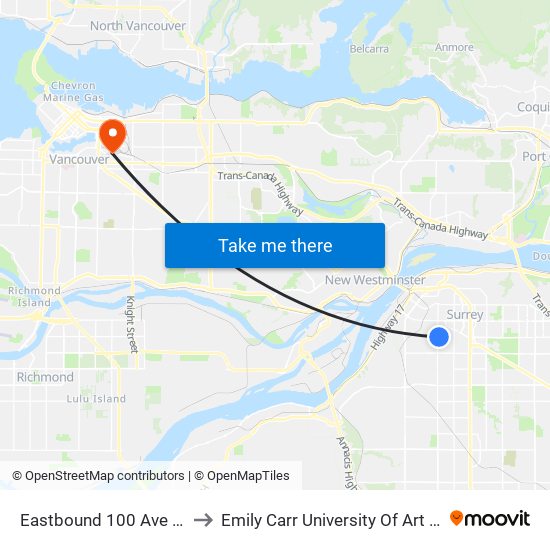 Eastbound 100 Ave @ 128 St to Emily Carr University Of Art And Design map