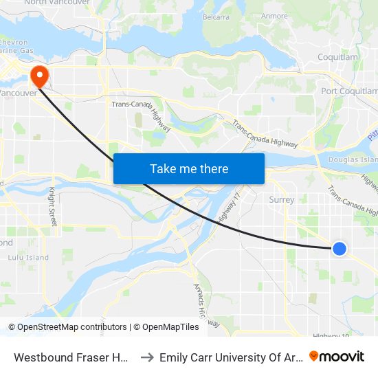 Westbound Fraser Hwy @ 156 St to Emily Carr University Of Art And Design map