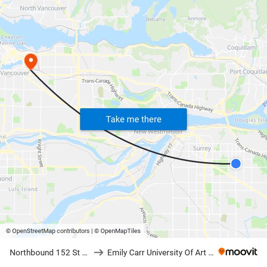 Northbound 152 St @ 98 Ave to Emily Carr University Of Art And Design map