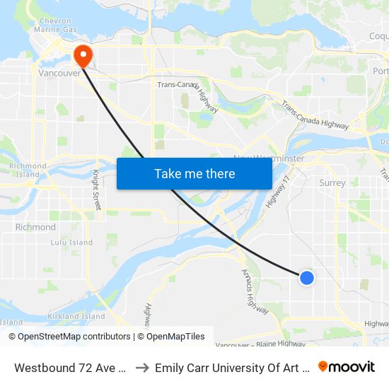Westbound 72 Ave @ 126 St to Emily Carr University Of Art And Design map