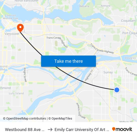 Westbound 88 Ave @ 144 St to Emily Carr University Of Art And Design map