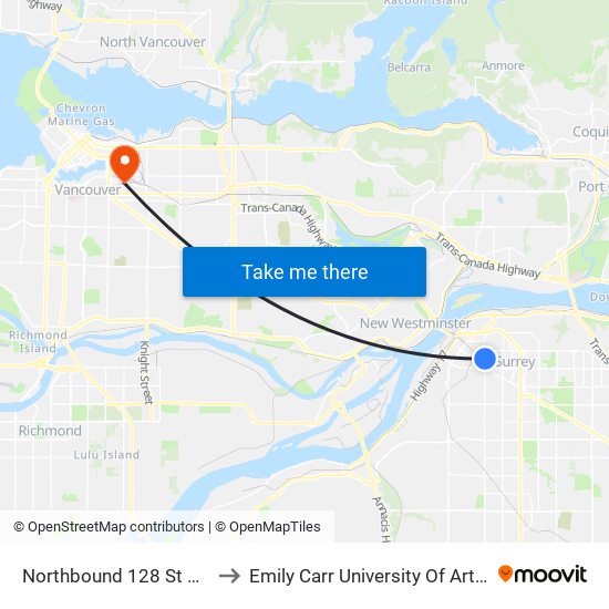 Northbound 128 St @ 106 Ave to Emily Carr University Of Art And Design map