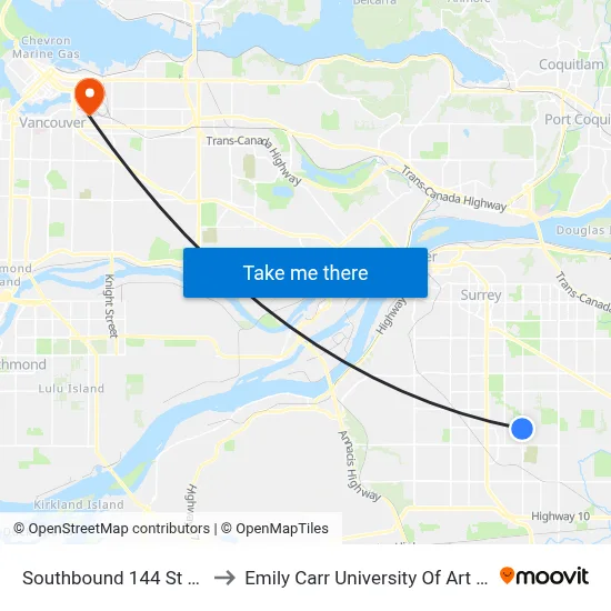 Southbound 144 St @ 76 Ave to Emily Carr University Of Art And Design map