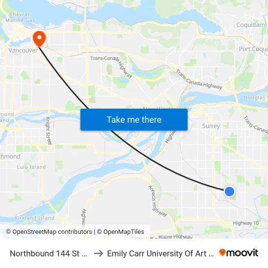 Northbound 144 St @ 72 Ave to Emily Carr University Of Art And Design map