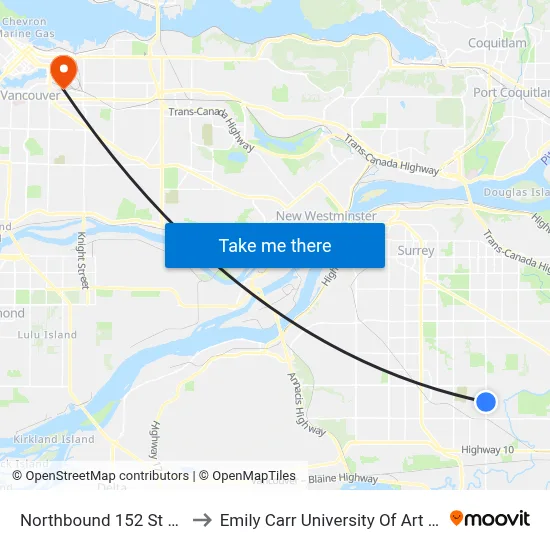 Northbound 152 St @ 68 Ave to Emily Carr University Of Art And Design map