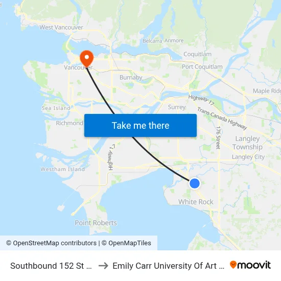 Southbound 152 St @ 34 Ave to Emily Carr University Of Art And Design map