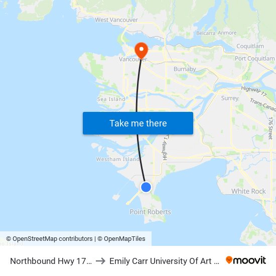 Northbound Hwy 17 @ 52 St to Emily Carr University Of Art And Design map
