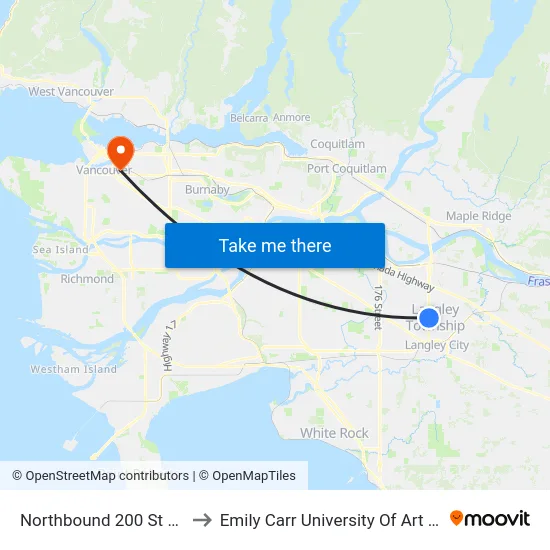 Northbound 200 St @ 72 Ave to Emily Carr University Of Art And Design map
