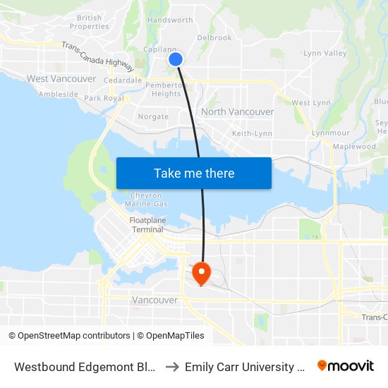 Westbound Edgemont Blvd @ Ridgewood Dr to Emily Carr University Of Art And Design map