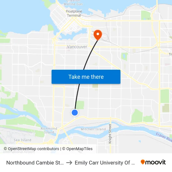 Northbound Cambie St @ W 61 Ave to Emily Carr University Of Art And Design map