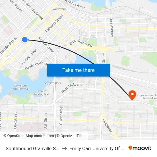 Southbound Granville St @ Nelson St to Emily Carr University Of Art And Design map