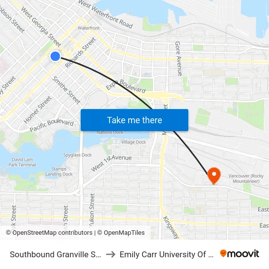 Southbound Granville St @ Robson St to Emily Carr University Of Art And Design map