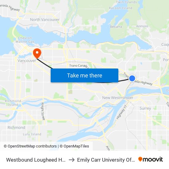 Westbound Lougheed Hwy @ 700 Block to Emily Carr University Of Art And Design map