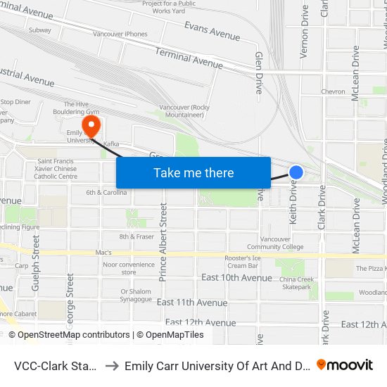 VCC-Clark Station to Emily Carr University Of Art And Design map