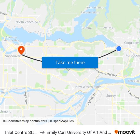 Inlet Centre Station to Emily Carr University Of Art And Design map