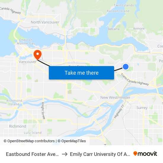 Eastbound Foster Ave @ Aspen St to Emily Carr University Of Art And Design map