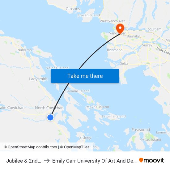 Jubilee & 2nd St to Emily Carr University Of Art And Design map
