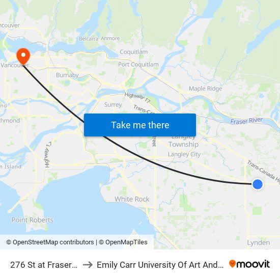 276 St at Fraser Hwy to Emily Carr University Of Art And Design map