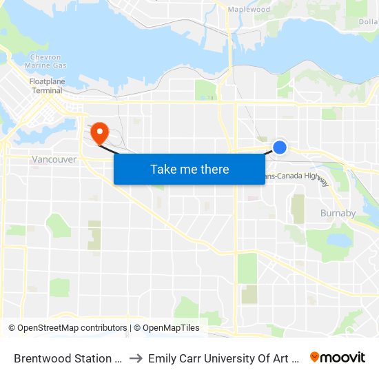 Brentwood Station @ Bay 2 to Emily Carr University Of Art And Design map