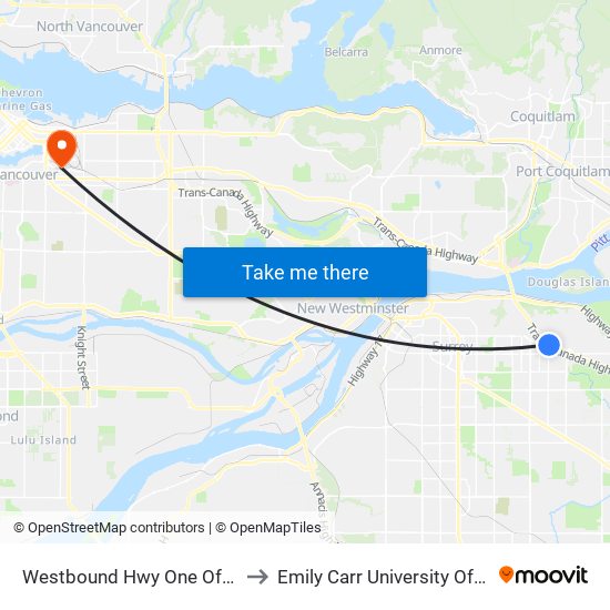 Westbound Hwy One Offramp @ 156 St to Emily Carr University Of Art And Design map
