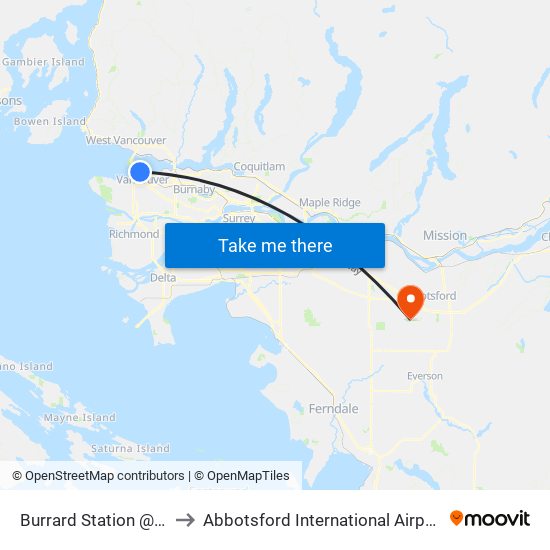 Burrard Station @ Bay 1 to Abbotsford International Airport (YXX) map