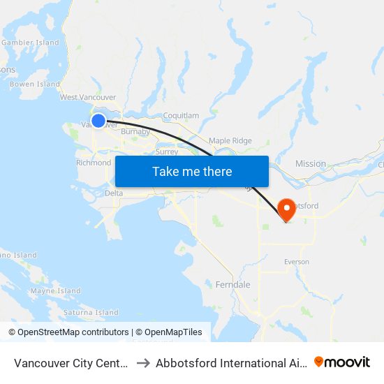 Vancouver City Centre Station to Abbotsford International Airport (YXX) map