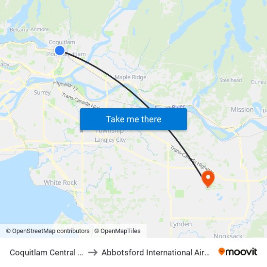 Coquitlam Central Station to Abbotsford International Airport (YXX) map