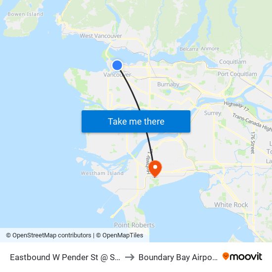 Eastbound W Pender St @ Seymour St to Boundary Bay Airport (YDT) map