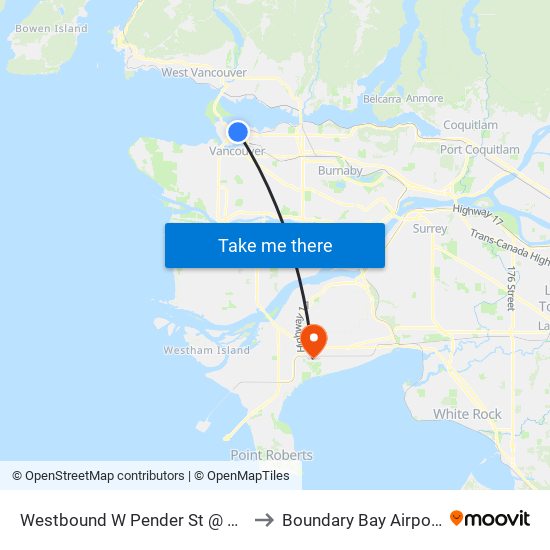 Westbound W Pender St @ Seymour St to Boundary Bay Airport (YDT) map