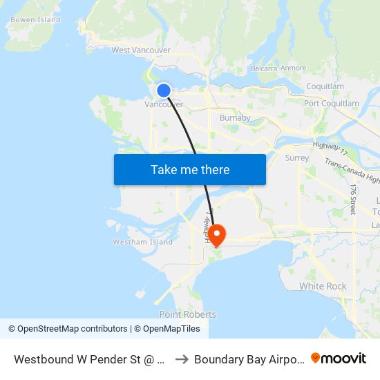 Westbound W Pender St @ Granville St to Boundary Bay Airport (YDT) map