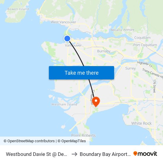 Westbound Davie St @ Denman St to Boundary Bay Airport (YDT) map