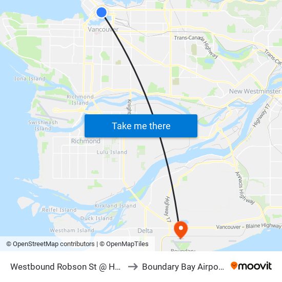 Westbound Robson St @ Hamilton St to Boundary Bay Airport (YDT) map